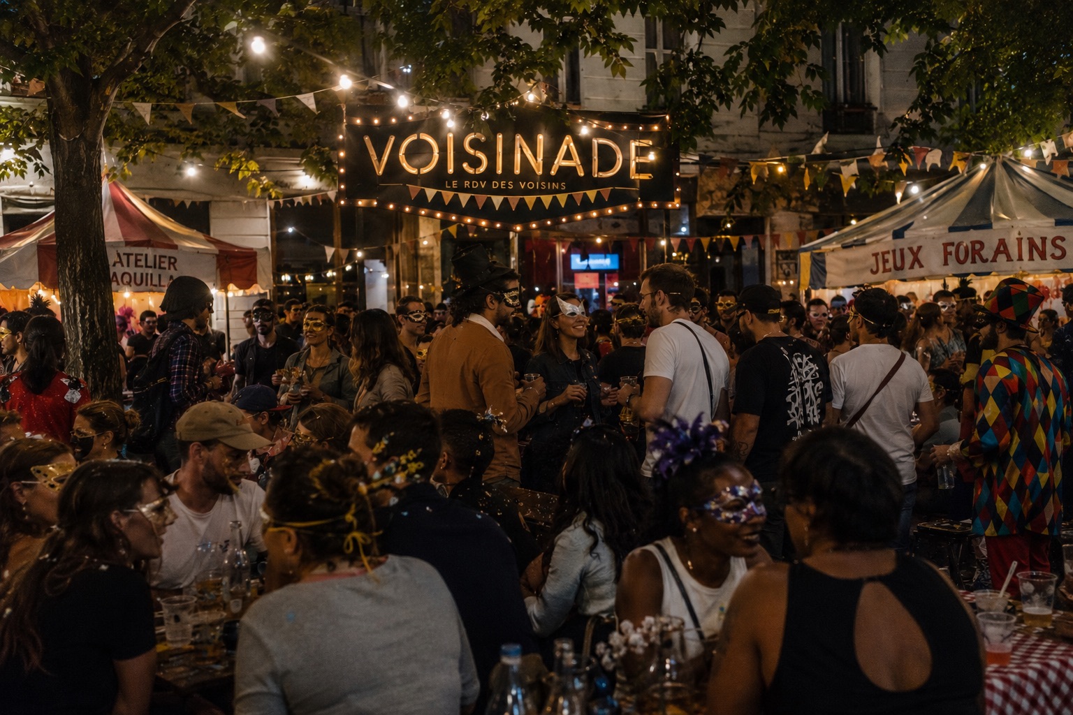 La Voisinade, événement Bouledogue réunissant une foule autour d’une kermesse et d’un bal masqué